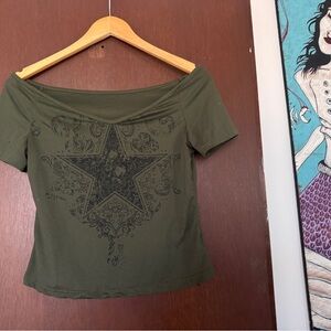 Green Off-Shoulder Top with Star Design